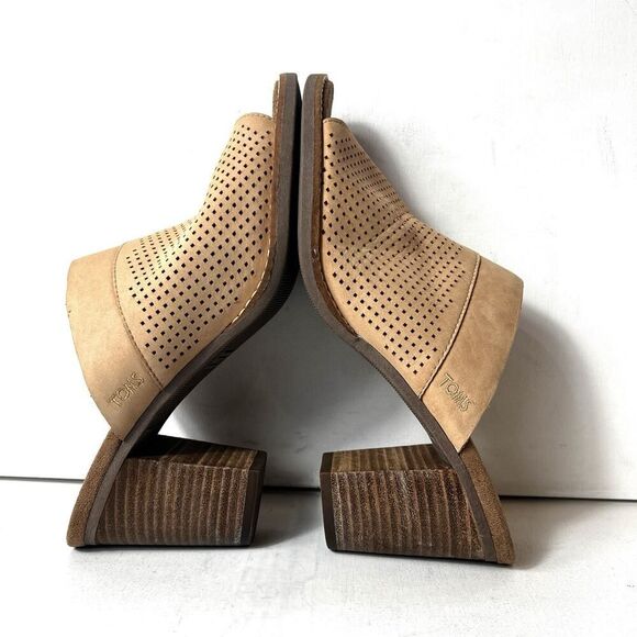 TOMS Tan Leather Block Heeled Sandals Women's 10 Slip On Open Toe Comfort Casual - Picture 5 of 12